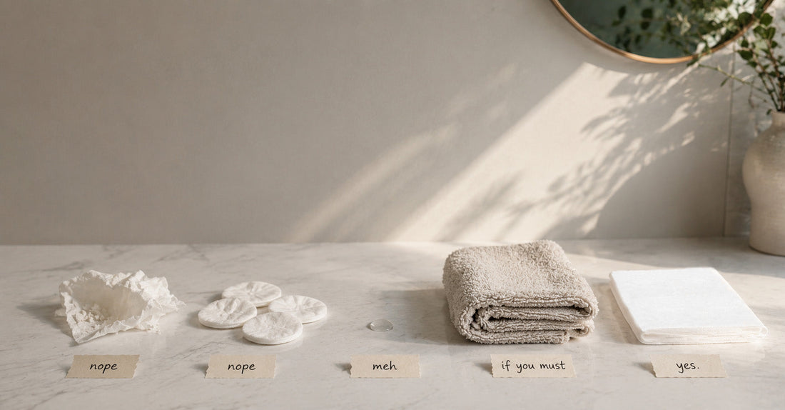 Split image showing a reusable cotton washcloth next to a disposable plant-based face towel on a bathroom counter