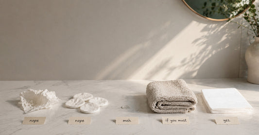 Split image showing a reusable cotton washcloth next to a disposable plant-based face towel on a bathroom counter