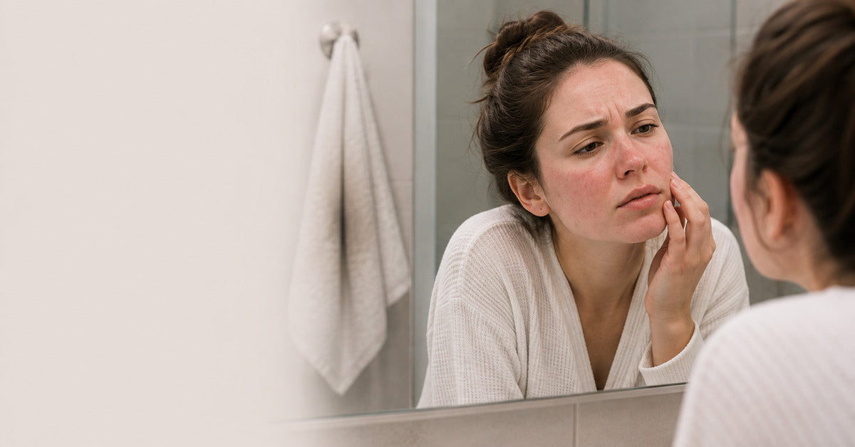 Close-up of a woman gently patting her face dry with a soft disposable face towel after washing