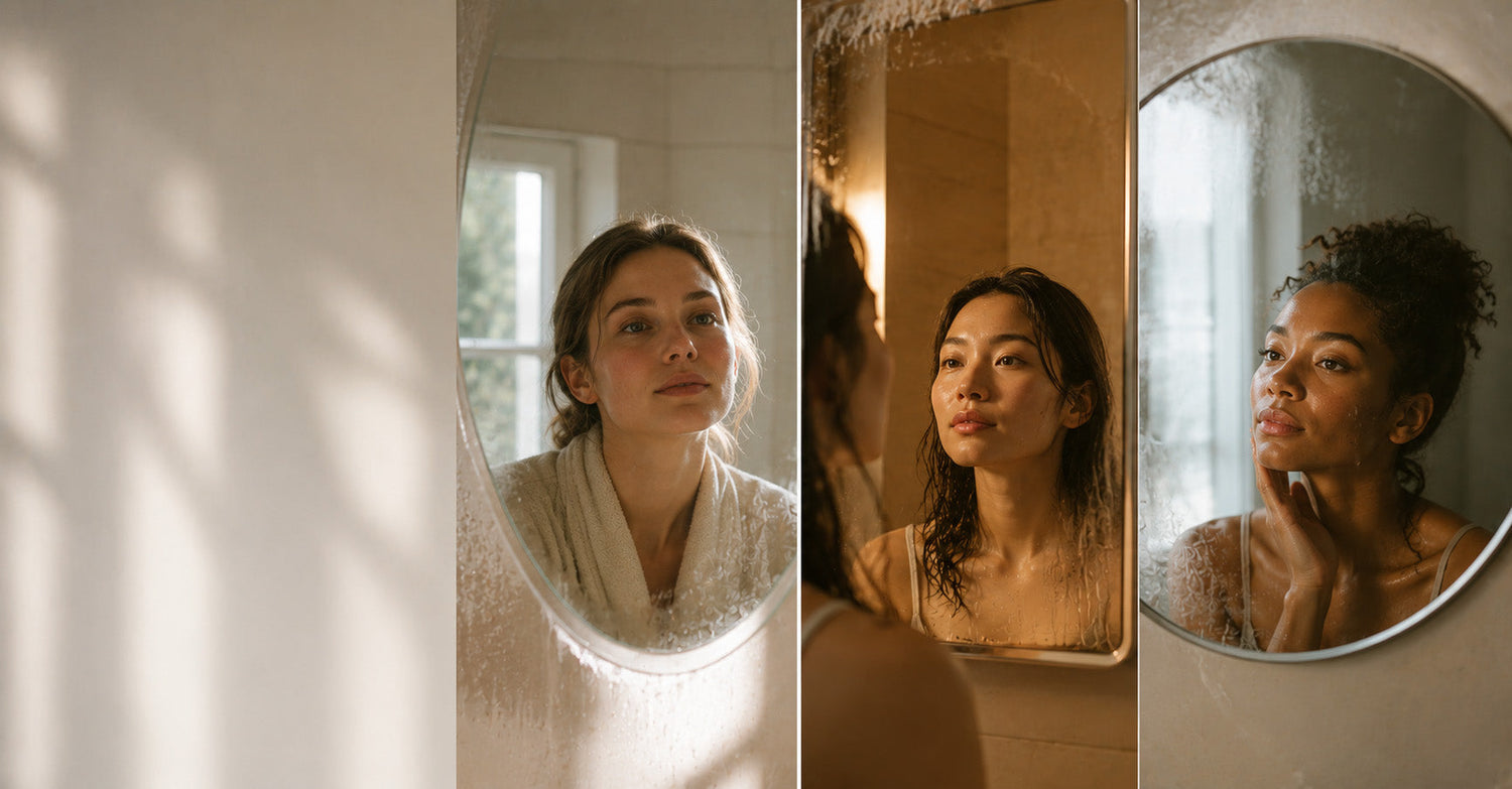 A person gently patting their face dry with a soft disposable face towel after washing, representing a clean and gentle skincare routine