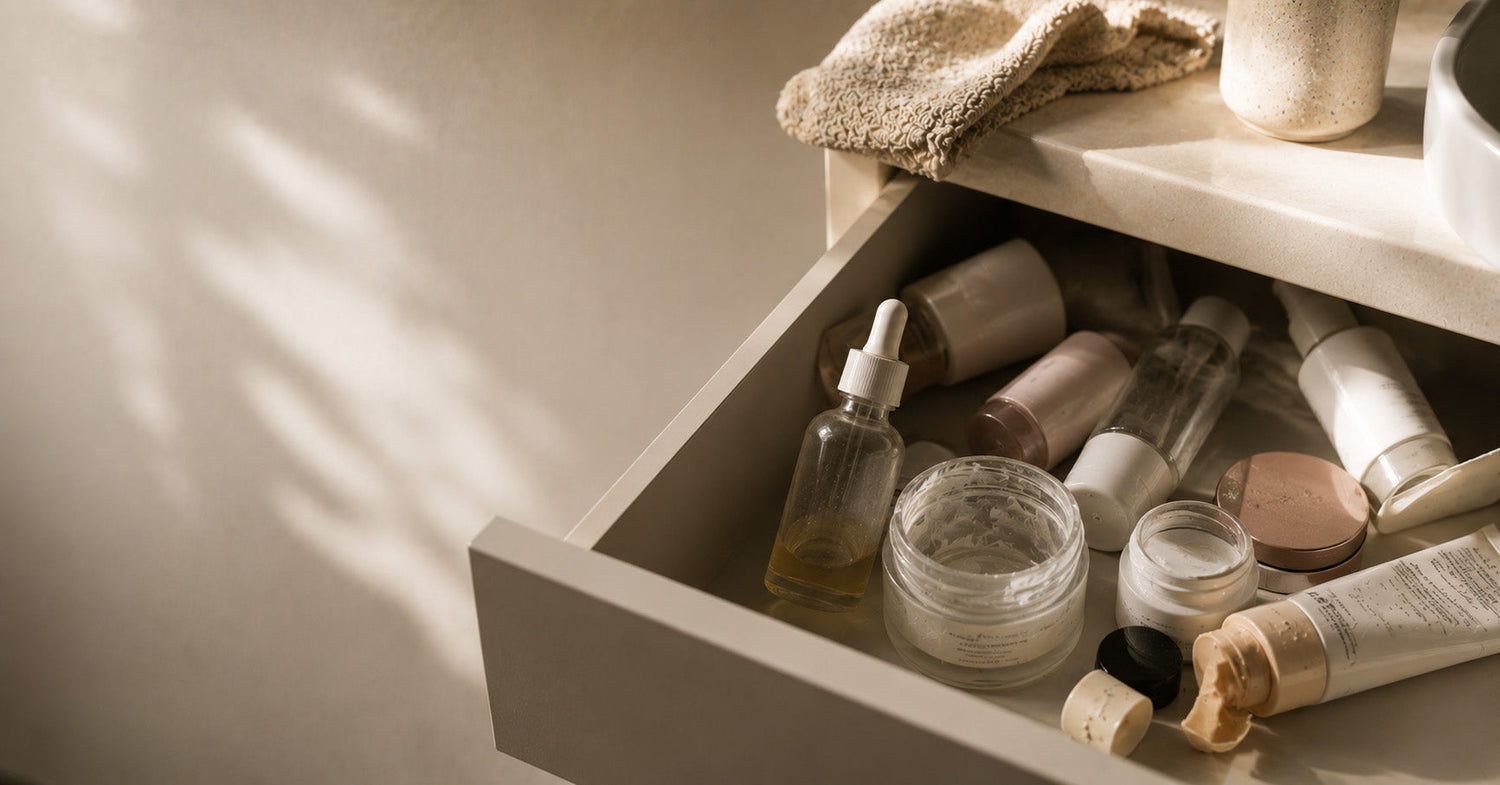 A woman looking thoughtfully at skincare products on a bathroom shelf, representing the frustration of products that don't deliver results