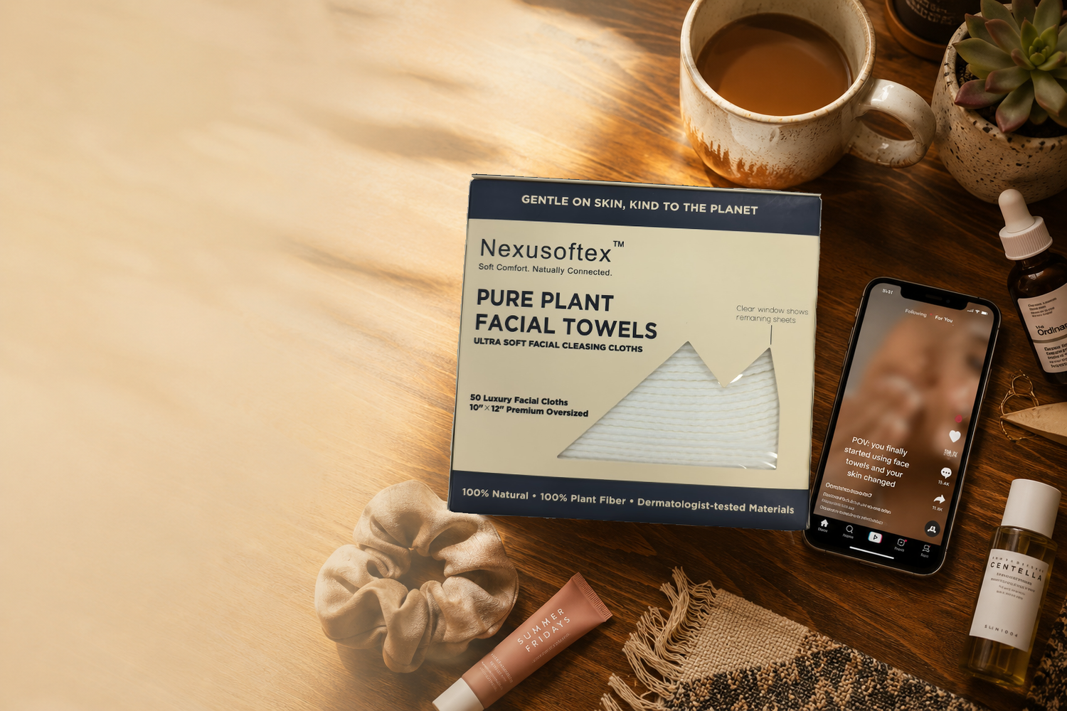 Woman using a disposable face towel as part of her skincare routine