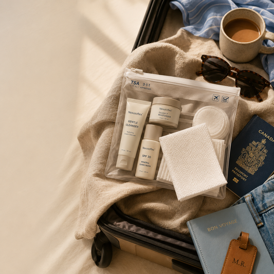 Minimalist travel skincare flat lay with disposable face towels and essentials