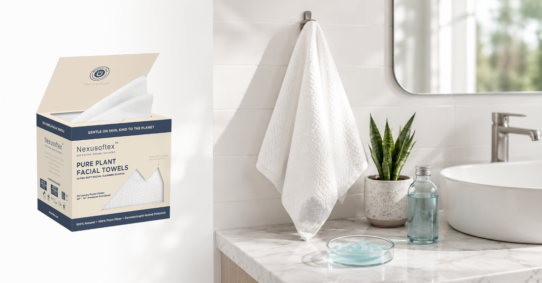 Close-up of a soft disposable face towel next to a bathroom sink, highlighting clean skincare hygiene