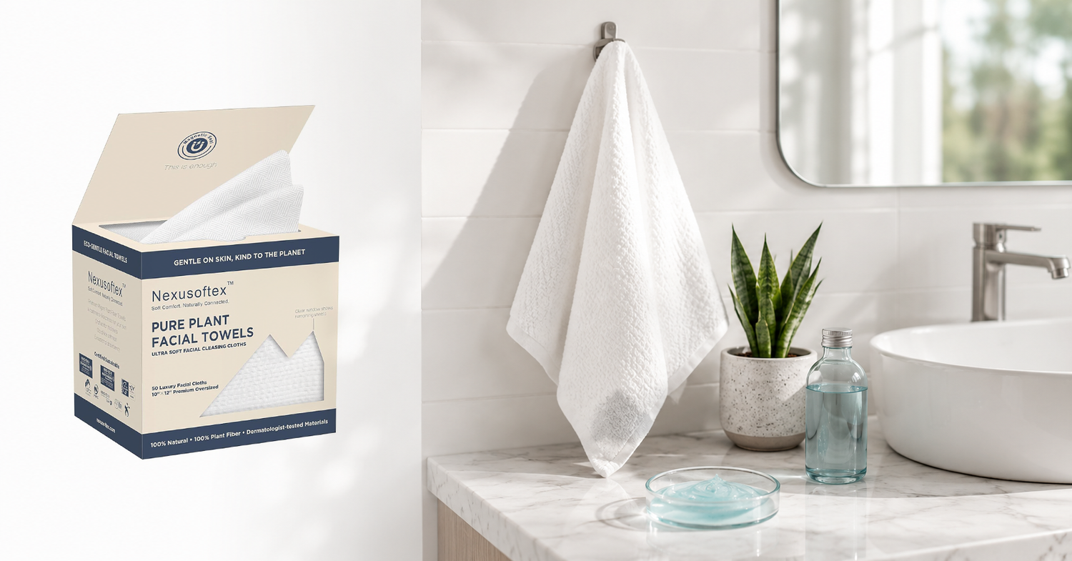 Close-up of a soft disposable face towel next to a bathroom sink, highlighting clean skincare hygiene