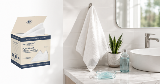 Close-up of a soft disposable face towel next to a bathroom sink, highlighting clean skincare hygiene