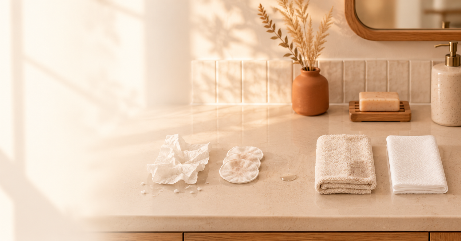 Five face-drying methods compared side by side: bathroom towel, paper towel, cotton rounds, air drying, and disposable face towels