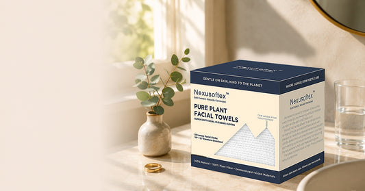 Nexusoftex disposable face towel box with magnetic flip lid and clear visibility window on a bathroom counter