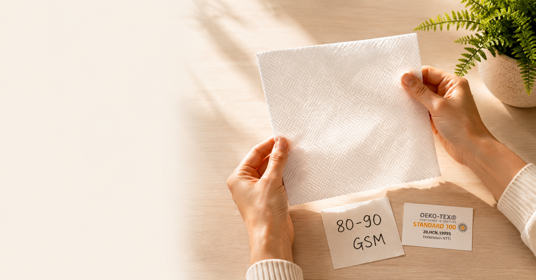 Disposable plant-based face towels stacked on a bathroom shelf — soft, single-use towels made from bamboo viscose fibers