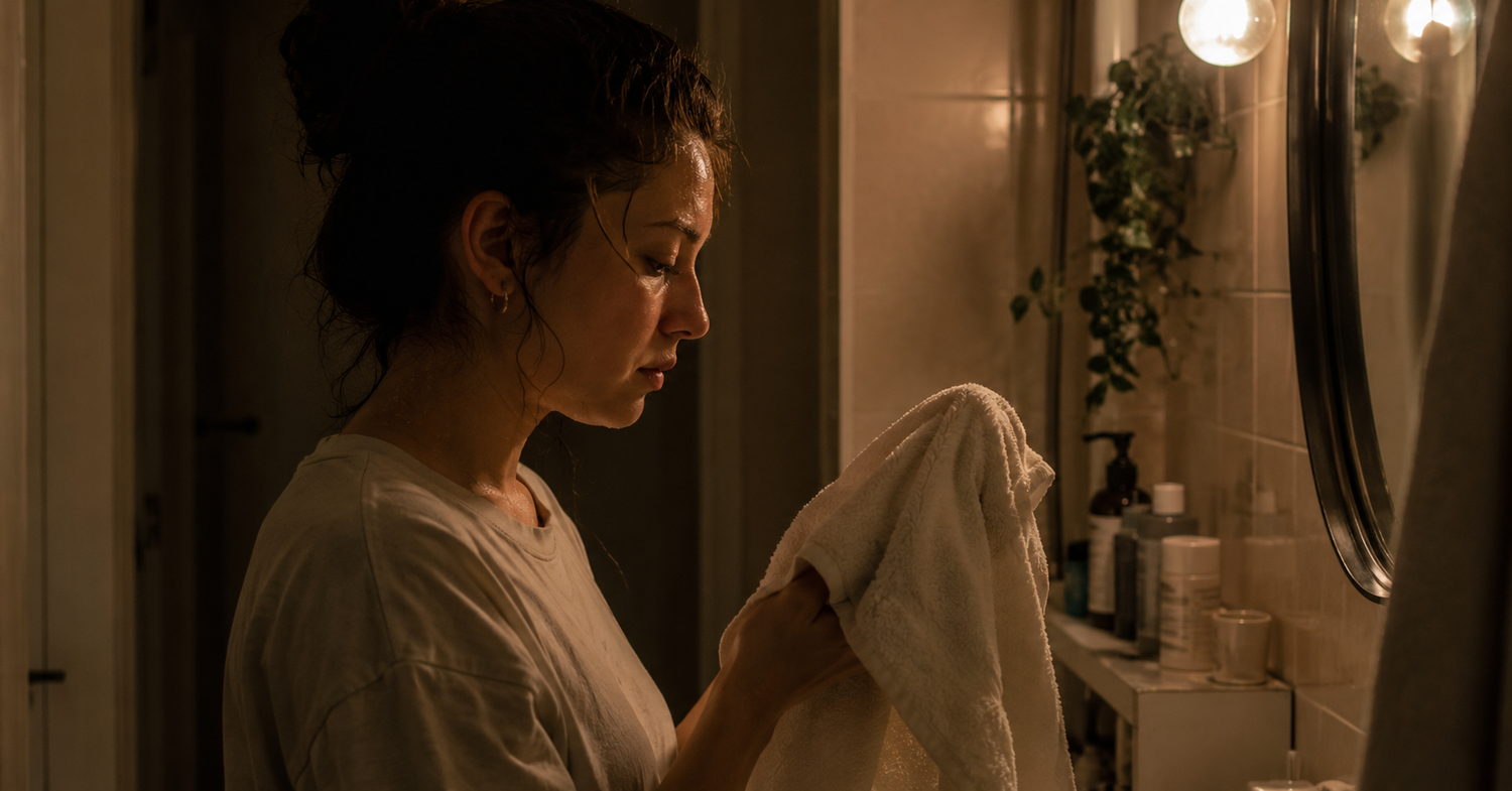 A neatly folded disposable face towel on a clean bathroom counter, representing a fresh skincare routine