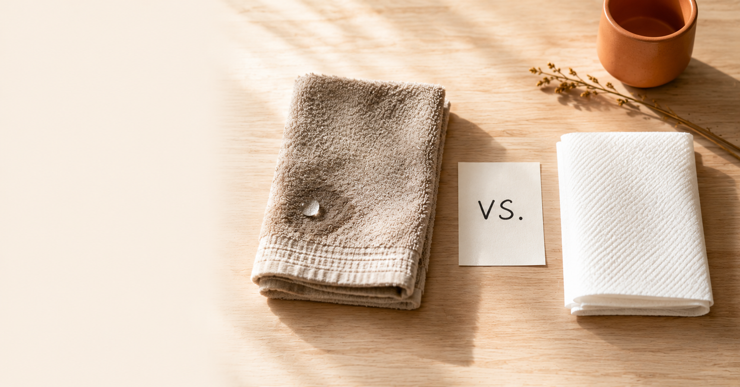 Side-by-side comparison of a disposable plant-based face towel and a regular terrycloth washcloth on a bathroom counter