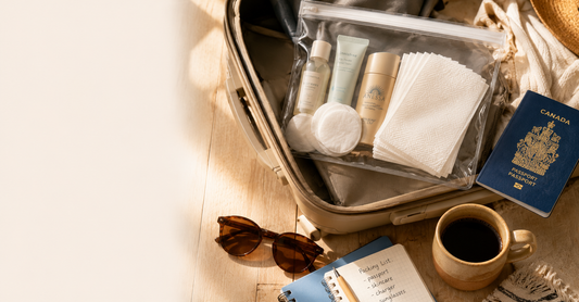 Minimalist travel skincare flat lay with cleanser, moisturizer, SPF, disposable face towels, and an exfoliant pad on a hotel bathroom counter