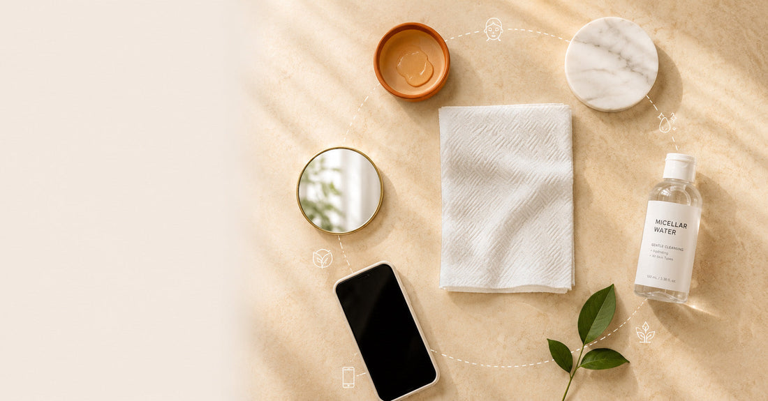 A disposable face towel being used for multiple purposes — drying face, wiping bathroom counter, and cleaning phone screen
