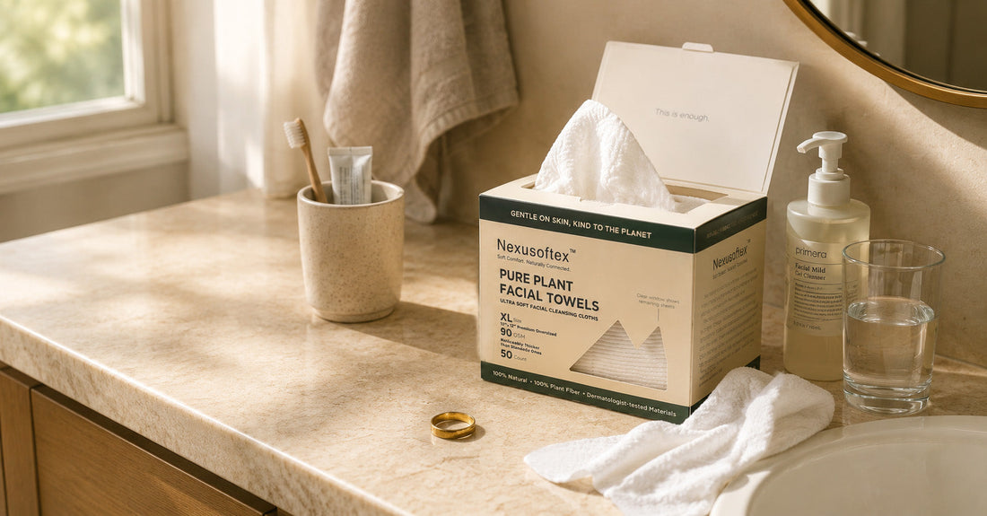 Person patting face dry with a Nexusoftex disposable face towel after washing, bathroom counter visible in background