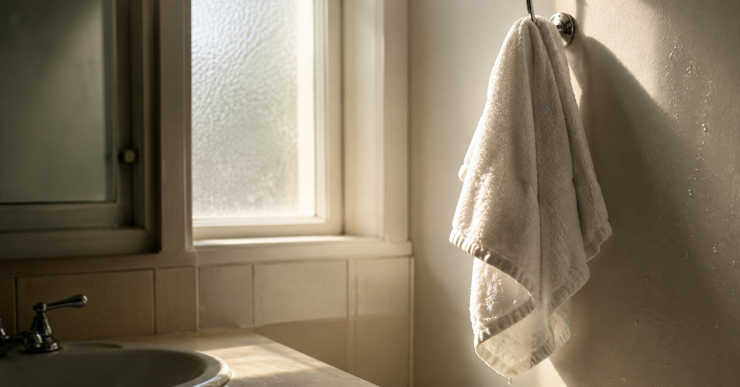 Close-up of a damp terrycloth bathroom towel hanging on a hook, showing rough looped texture that can irritate facial skin