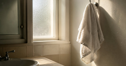 Close-up of a damp terrycloth bathroom towel hanging on a hook, showing rough looped texture that can irritate facial skin