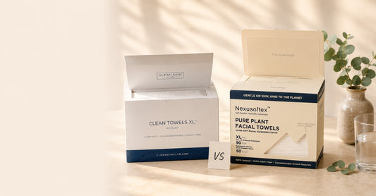 Nexusoftex and Clean Skin Club disposable face towel boxes placed side by side on a bathroom counter for comparison