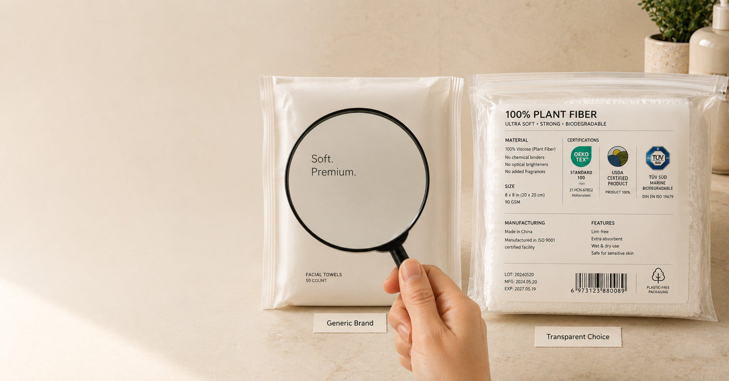Close-up of a soft plant-based disposable face towel next to certification badges including OEKO-TEX and USDA BioBased on a clean white surface