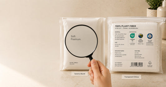 Close-up of a soft plant-based disposable face towel next to certification badges including OEKO-TEX and USDA BioBased on a clean white surface
